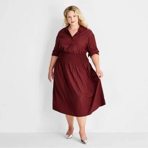 Future Collectibe Burgundy Smocked Long Sleeve Career Midi Dress Size 2X